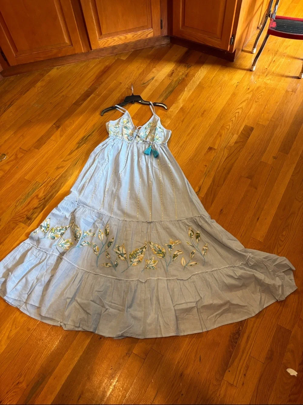 POL Light Blue Embroidered Maxi Dress with Tassel Tie and Sequin detail Women
